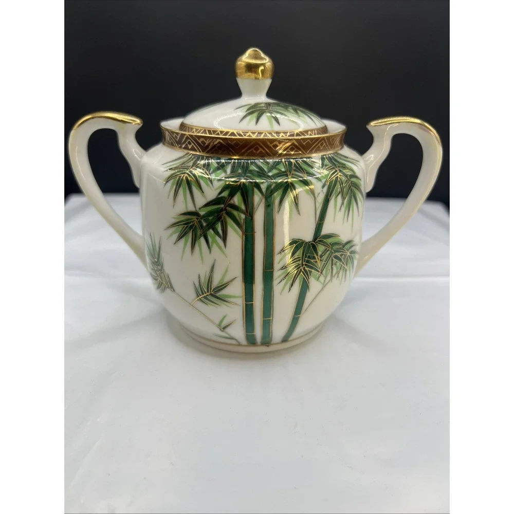 Vtg Hakusan China Covered Sugar Bowl Hand Painted Green Bamboo Gold Trim Japan
